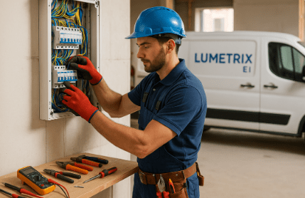 Électricien Lumetrix installant un tableau électrique aux normes NF C 15-100 à Vitry-sur-Seine 94400