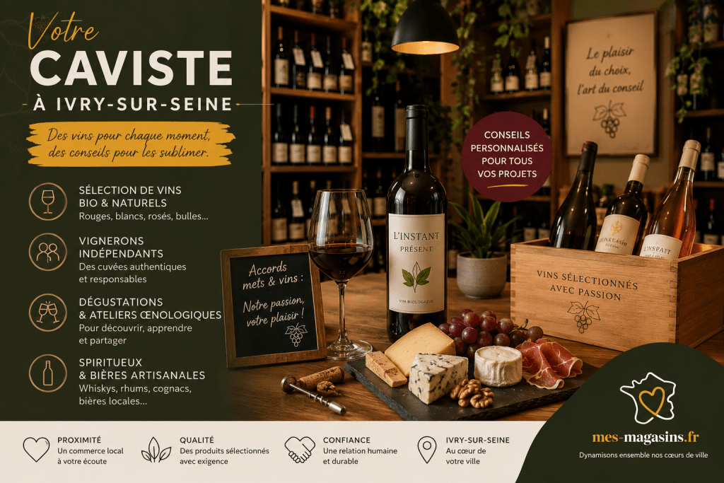 Visuel promotionnel d’un caviste à Ivry-sur-Seine avec sélection de vins bio, accords mets-vins et dégustation conviviale.
