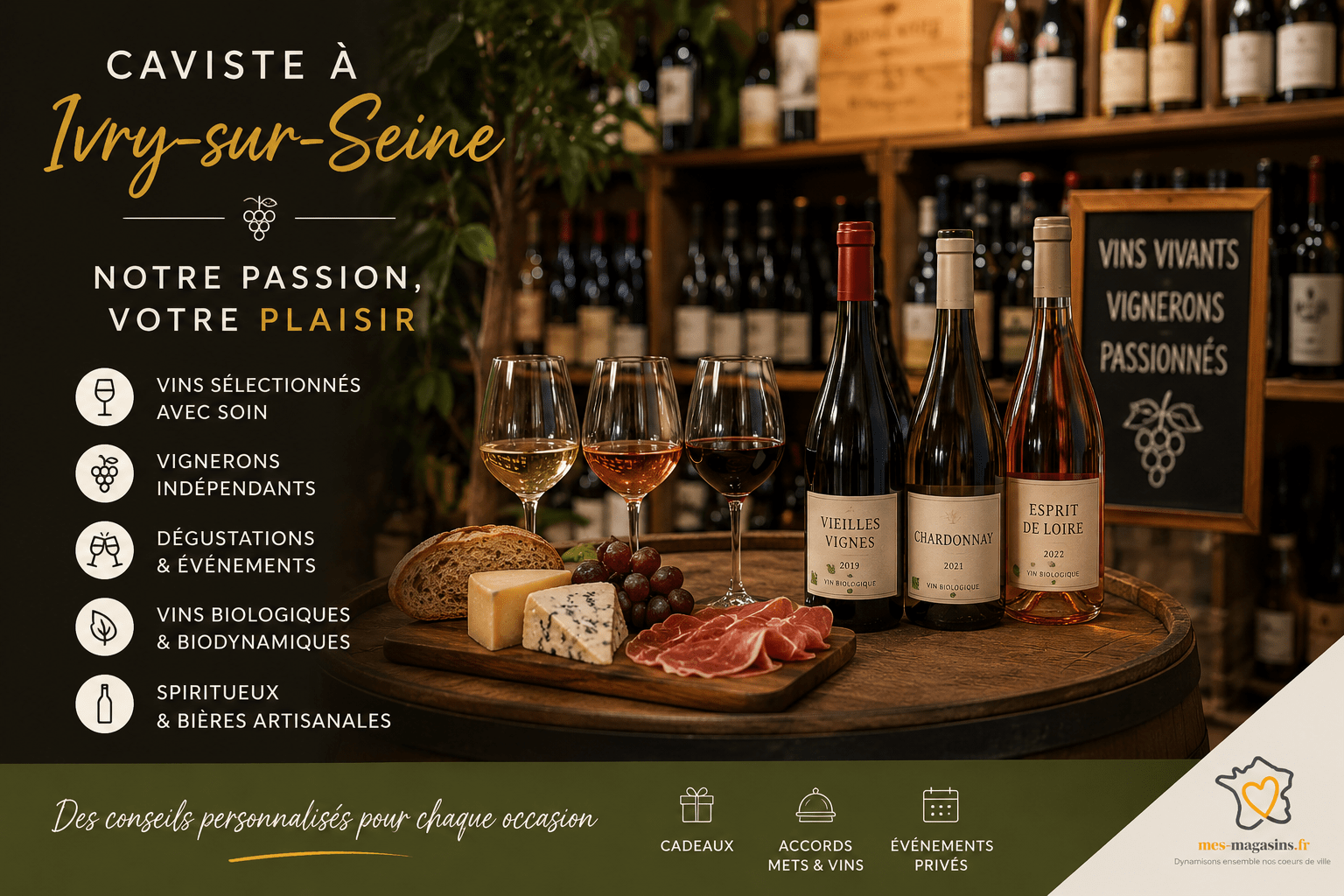 Illustration mettant en avant un caviste indépendant à Ivry-sur-Seine avec sélection de vins biologiques, dégustations et accords mets-vins.