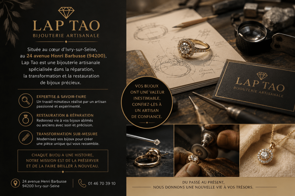Atelier de bijouterie artisanale Lap Tao à Ivry-sur-Seine avec réparation et restauration de bijoux précieux