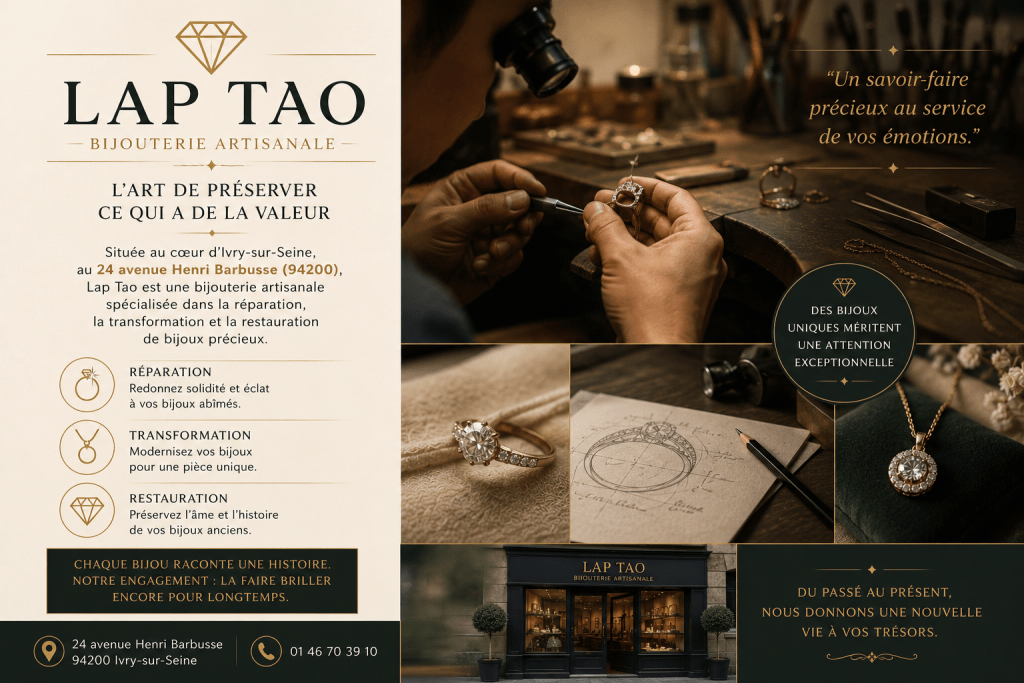 Artisan bijoutier Lap Tao réparant et restaurant des bijoux précieux dans son atelier à Ivry-sur-Seine