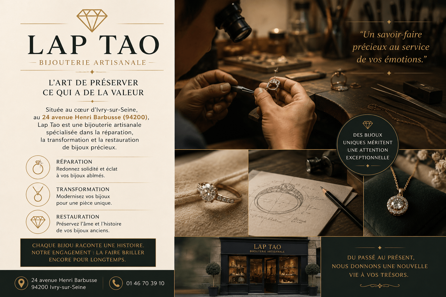 Lap Tao restaure, transforme et sublime les bijoux précieux avec un savoir-faire artisanal au cœur d’Ivry-sur-Seine.