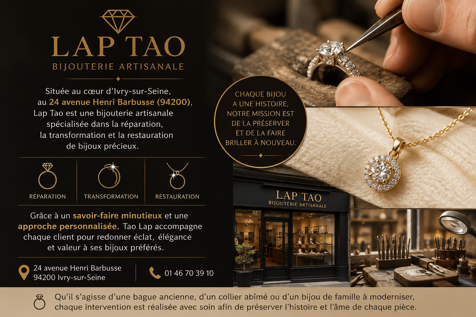 Lap Tao, artisan bijoutier à Ivry-sur-Seine, redonne éclat et élégance aux bijoux précieux grâce à un savoir-faire minutieux.