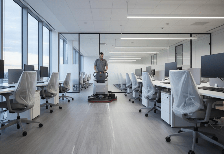 Agent de nettoyage professionnel réalisant l’entretien d’un open space moderne dans des bureaux d’entreprise à Vitry-sur-Seine