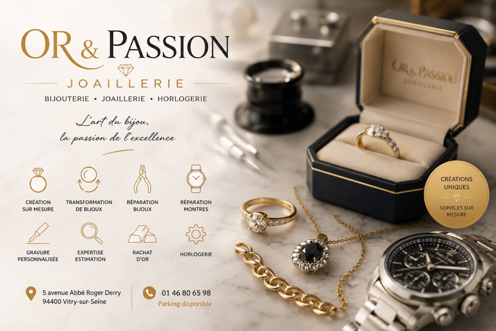 Illustration élégante de bijoux, montres et créations sur mesure pour Or et Passion Joaillerie à Vitry-sur-Seine